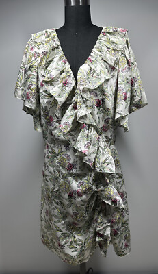 NWOT Cinq A Sept Walker Floral Mini Dress Ruffle Faux Wrap Green Ivory Sz  10 | eBay
