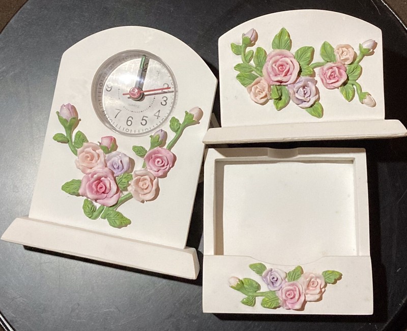 Pink Roses White Ceramic Wedding Desk Set With Clock Post it Notes Letter Holder