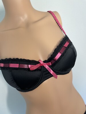 32DD Bra Black PINK Very Sexy Shiny Bow Coquette Girly Princess Goth Punk NWOT