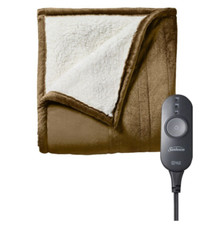 Sunbeam Royal Mink Sherpa Honey Heated Throw Blanket Adjustable Heat Settings