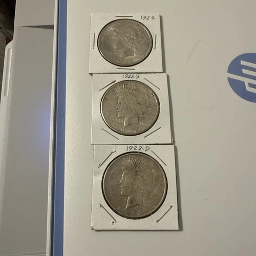 Three 90% Silver PEACE Dollars 1922-S, 1922-D, 1922, lot of 3 coins silver VF+