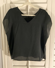 Black sheer chiffon V-neck pullover maternity blouse cap sleeve solid size L