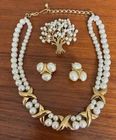 Vintage Trifari Lot Pearl Earrings-Necklace-Tree Of Life Brooch Goldtone READ