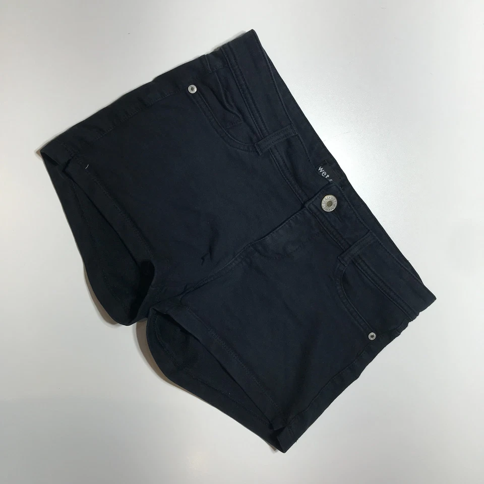 Pantalones Cortos Wet Seal Para Mujer Pequeños Tiro Bajo Y2K Negros Tiro Bajo Mini Pantalones Cortos Tejido Denim Foto 2 de 4