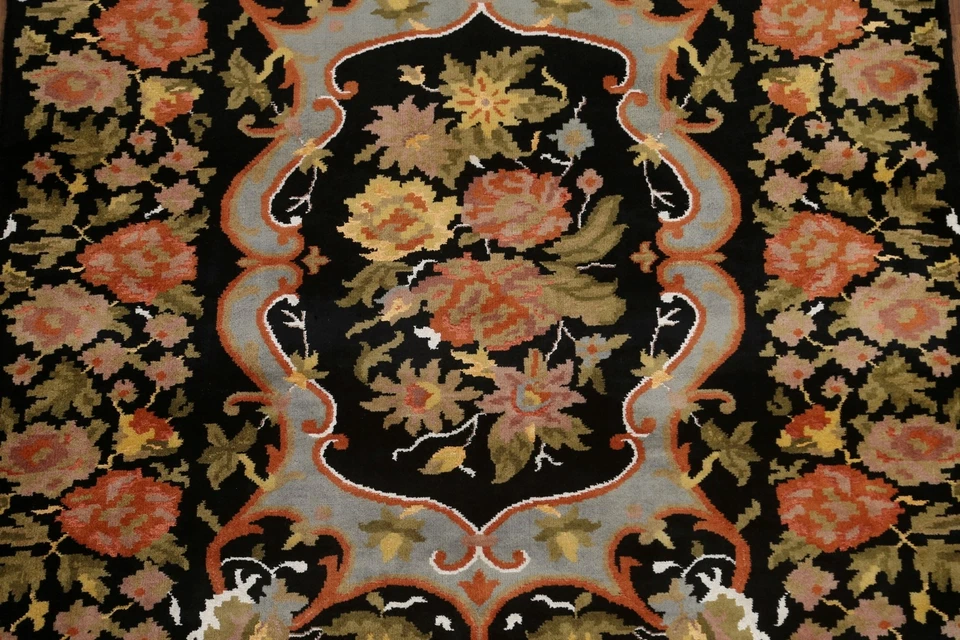 Vegetable Dye Floral Black Aubusson Oriental 4'x6' Area Rug Handmade Wool Carpet - Image 4 of 4