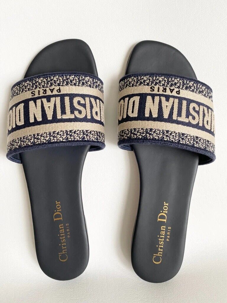 CHRISTIAN DIOR DWAY NAVY BLUE FABRIC SLIDES SANDALS SHOES 37 CHRISTIAN DIOR DWAY NAVY BLUE FABRIC SLIDES SANDALS SHOES 37
