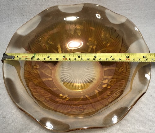 9.25” x 2.625” Vtg Marigold Carnival Glass Dish Bowl Ruffled Sunburst Floral - Picture 8 of 9