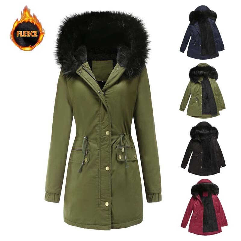 Women Ladies Warm Long Coat Fur Hooded Fleece Lined Jacket Winter Parka