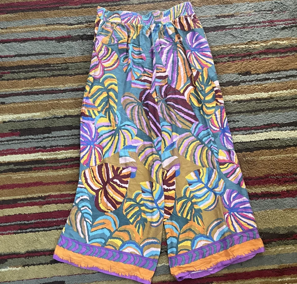 Pantalones Haute Hippie Mujer Medianos Coloridos Florales Pierna Ancha Recortados Tiro Alto Boho Foto 2 de 4