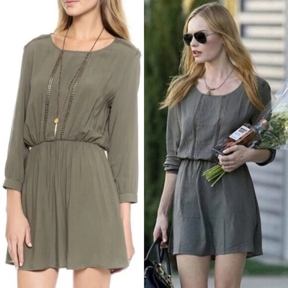 Anine Bing Green Mini Dress Khaki Olive Cinch Waist Embroidered Crochet Boho S