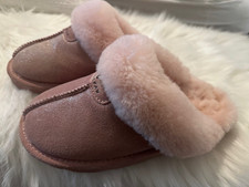 BEARPAW LOKI II GLITTER PINK GENUINE SUEDE/SHEEPSKIN FUR SLIP-ON SLIPPERS Size 7