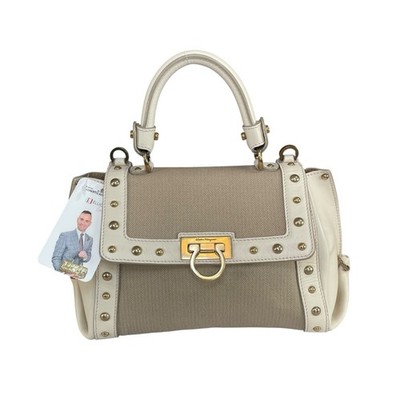 Salvatore Ferragamo Sofia Small Studded Canvas Leather Top Handle Brushed HW Bag