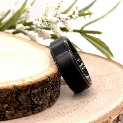 8mm Brushed Black Tungsten Ring High Polished Edges Unisex Durable Engraved Band