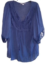 Womens Valerie Stevens Crochet BOHO FAIRY Blouse Top Blue Sz 1X Cottagecore Blue