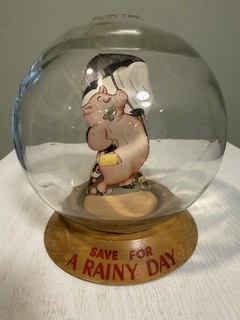 Vic Moran “ Save For A Rainy Day” Glass Globe Bubble Still Bank 1930’s
