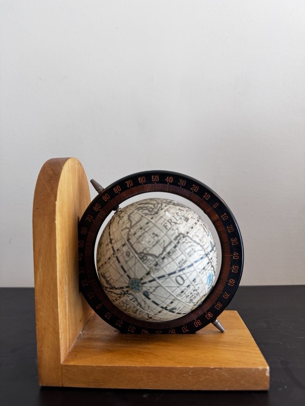 Vintage Globe Bookend Wood Spinning Map Old (1) Cottage Cozy Country