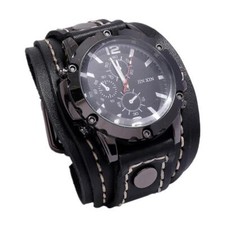 Wide Leather Watch Cuff Band Brown Wrist Black Strap Punk Retro Quartz Men