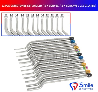 12 Pcs Osteotomes Angled (5 x Convex + 5 x Concave + 2 x Dilated Osteotomes) New