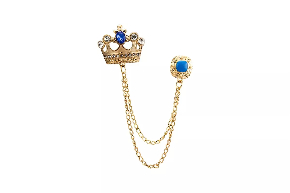 Knighthood Golden Crown with Blue Stone and Hanging Chain Brooch