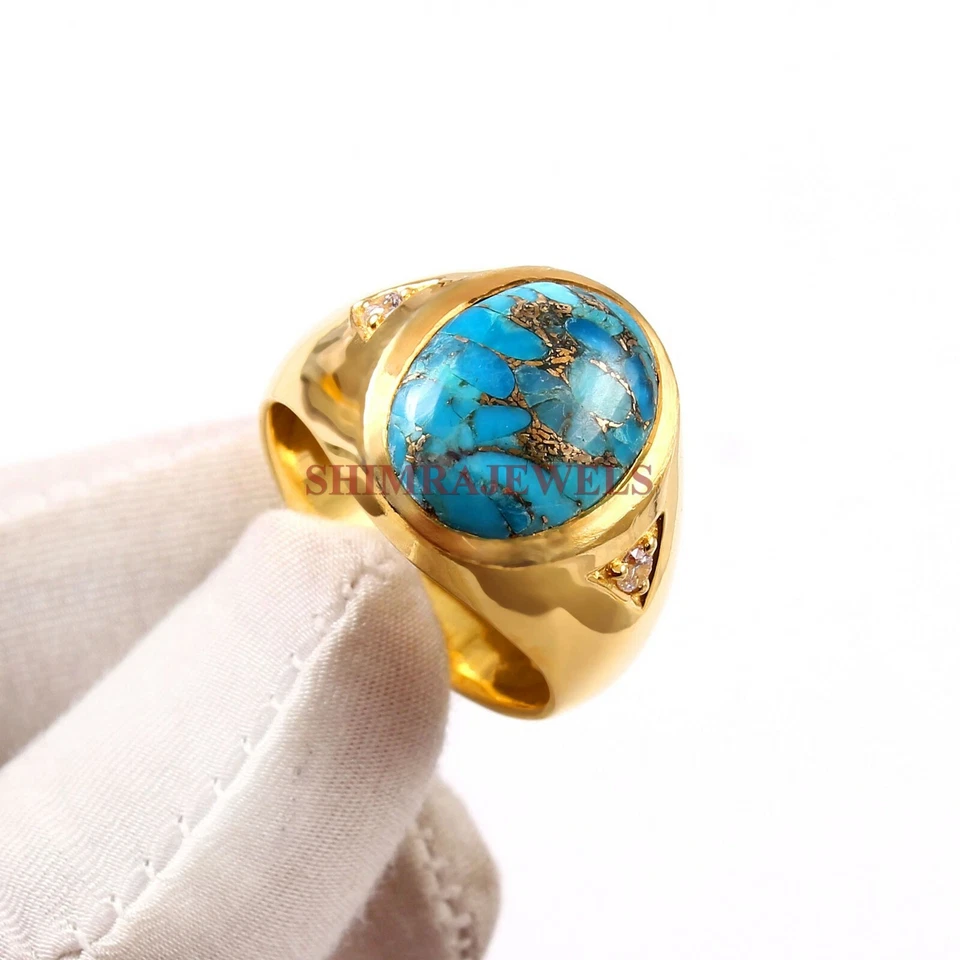 Lab Created Copper Turquoise With 18K Gold Plated Silver Men's Ring #913 - Image 3 of 4