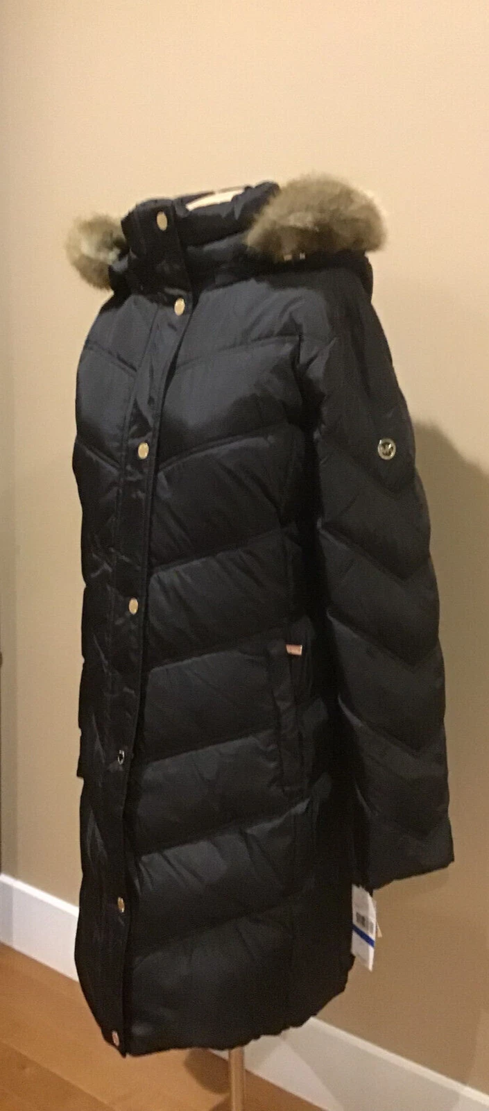 Cappotto tampone nuovo con etichette Michael Kors finiture in pelliccia sintetica remv. Cappuccio Lunghezza Ginocchio Nero XL