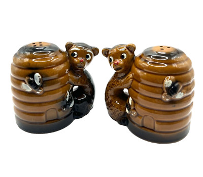 Vintage Bear Beehive Salt and Pepper Shakers Set Honey Bee Japan Mid Century