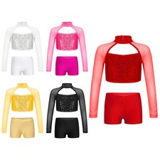 Kids Girls Dancewear Ballet Outfit Lyrical Shirt And Bottoms Cheer Tracksuit