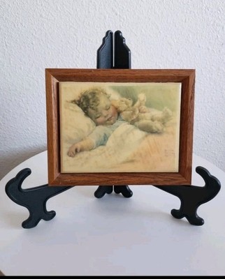 Bessie Pease Gutmann Happy Dreams Sleeping Child Wood Frame Tile 1980s. Pastel