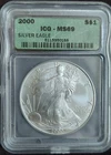 2000 MS69 American Silver Eagle ICG GREEN LABEL $1 coin  1 oz .999 FINE SILVER