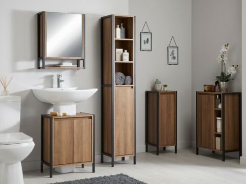 Wood Grain Effect Bathroom Furniture Mirrored Cabinet Tallboy Under Sink - Bathroom Under Sink Storage Wooden Floor