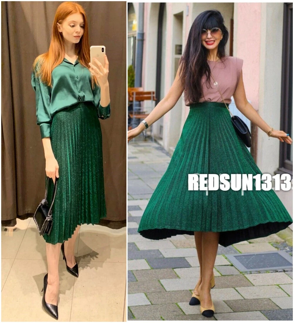 Metallic green top pleated skirt zara