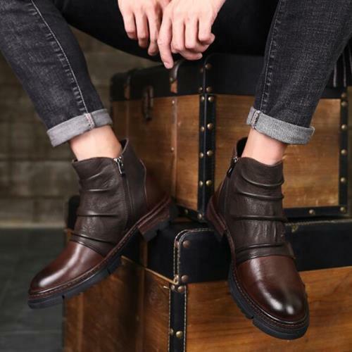 Retro Mens High Top Real Leather Biker Ankle Boots Shoes Work Buckle Cowboy 44 L - Picture 3 of 12