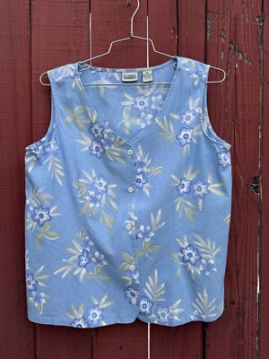 Vintage Y2K Blue Tank Hawaii Tropical Hibiscus Summer Vacation Beach 100% Cotton