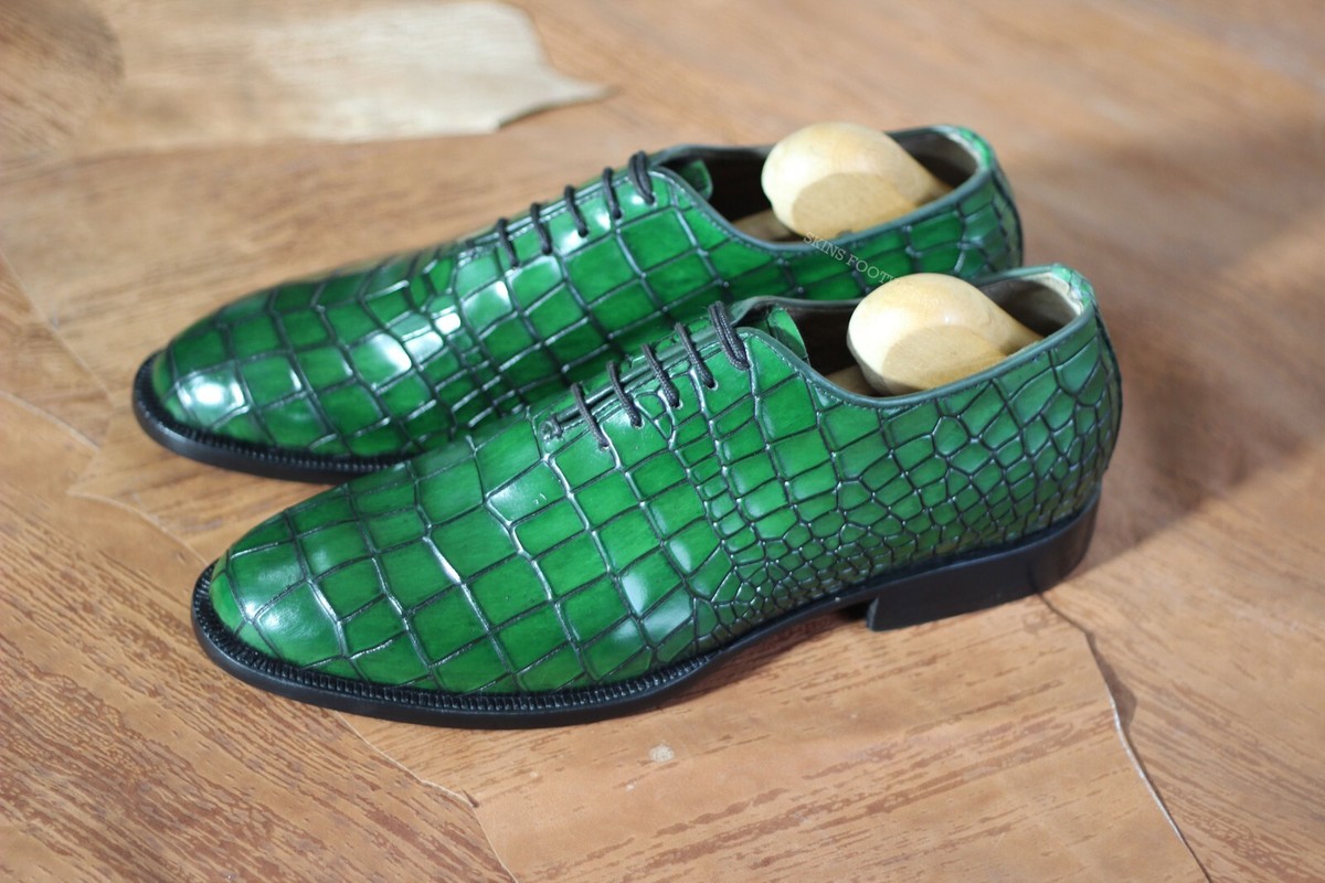 Buy Handmade Green Alligator Print Leather Oxford Wholecut  display picture 2