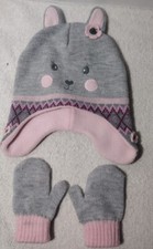 GIRLS ADDORABLE HAT AND MITTENS TEDDY FACE GRAY AND PINK COLOR