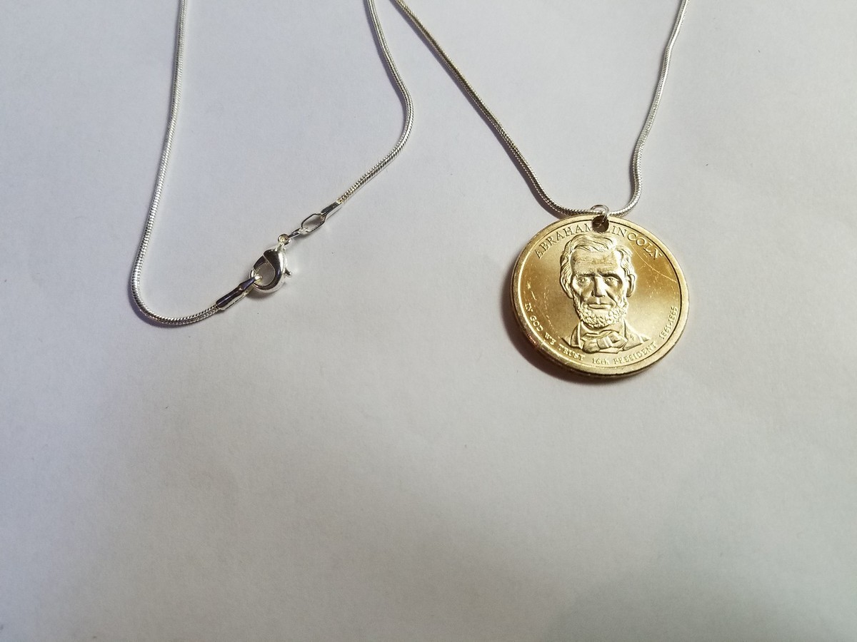 Abe Lincoln Presidential Dollar Coin Necklace. Sterling Silver