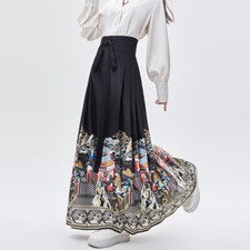 Chinese Ladies Horse Face Long Skirt Printed Tie Up Pleated Stage Ethnic Hanfu