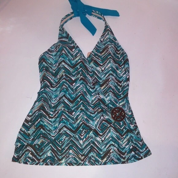 Jaclyn Smith Tankini Swim Set Size 6 Brown Blue Shortie Bottom Halter Top - Image 3 of 4