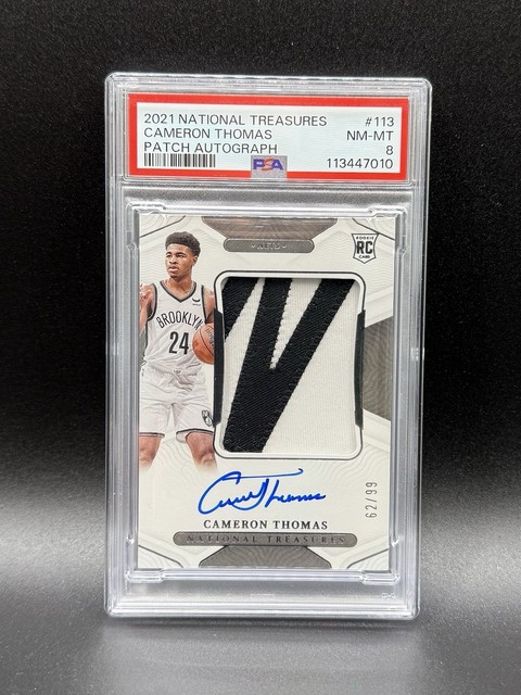 2021-22 National Treasures Basketball Cameron Thomas Rookie Patch Auto /99 PSA 8