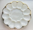 VTG Anchor Hocking Milk Glass Deviled Egg Plate w Gold Trim Ornate Bottom 10”