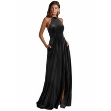 NWT Azazie Larice A4 Black A-Line High Neck Velvet Dress with Pockets