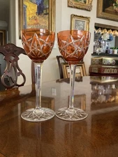 2 BACCARAT Antique Orange Cut to Clear Brilliant Crystal Wine Glasses