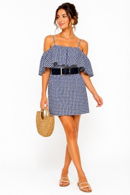 Amanda Uprichard Marise Gingham Cold Shoulder Ruffle Dress Navy Blue M