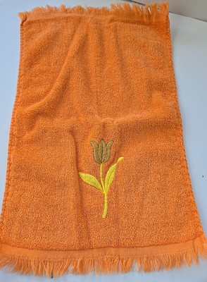 Vintage Bright Orange Hand Towel Fringed Embroidered Tulip Flower