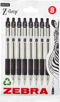 Zebra Pen Z Grip Black Ballpoint Pens with Pocket Clip 8pk Retractable Black Ink