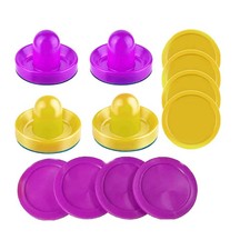 Air Hockey Pushers and Pucks - 4 Yellow and Purple Pushers 8 Yellow and Purpl