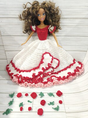 Handmade BARBIE Doll Clothes Crochet UNIQUE Party DRESS With Extra Attachments 