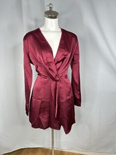 Pretty Little Thing Burgundy Satin Long Sleeve Wrap Mini Dress Sz US 10