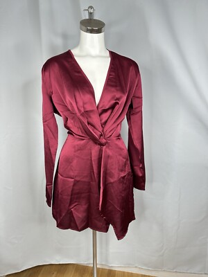 burgundy satin long sleeve wrap dress Deep Burgundy Satin Long-Sleeve Wrap Midi-Dress main image 0