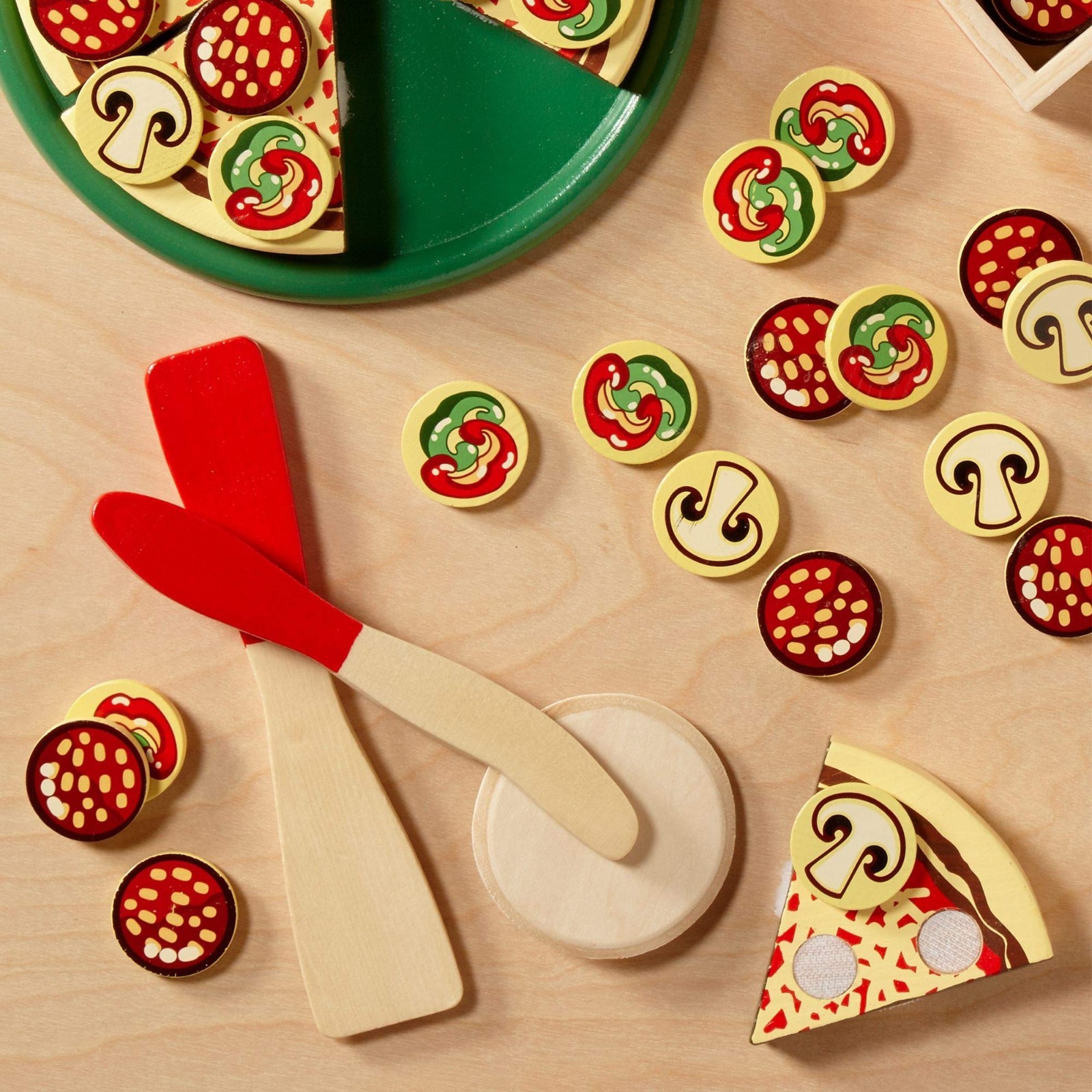 melissa & doug pizza party wooden play food set with 54 toppings